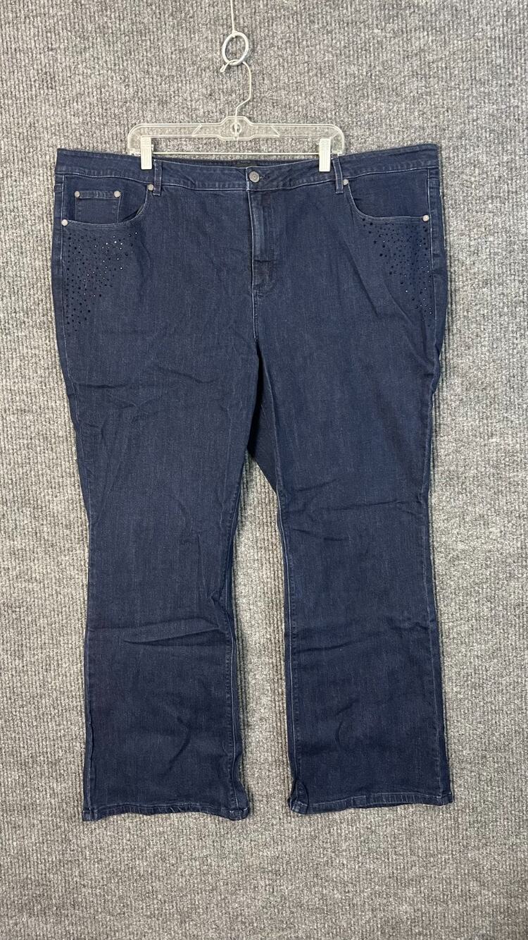Susan Graver Jeans Womens Plus 28W Blue Dark Wash Sequin Accent Boot Cut Hi Rise
